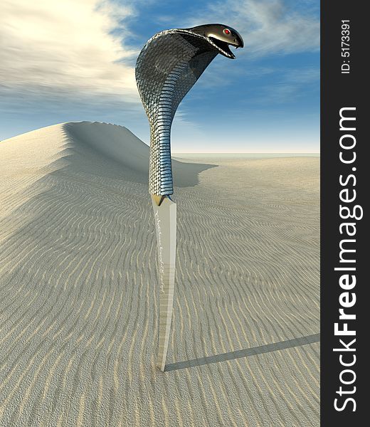 Exotic knife on a sand , 3D render