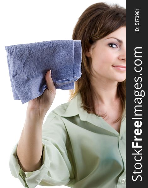 An image of nice woman with towel in her hand. An image of nice woman with towel in her hand