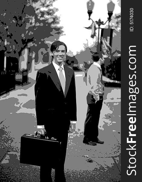 Processed photo of two young businessmen standing next to each other with one businessman smiling holding a briefcase and the other looking away. Processed photo of two young businessmen standing next to each other with one businessman smiling holding a briefcase and the other looking away