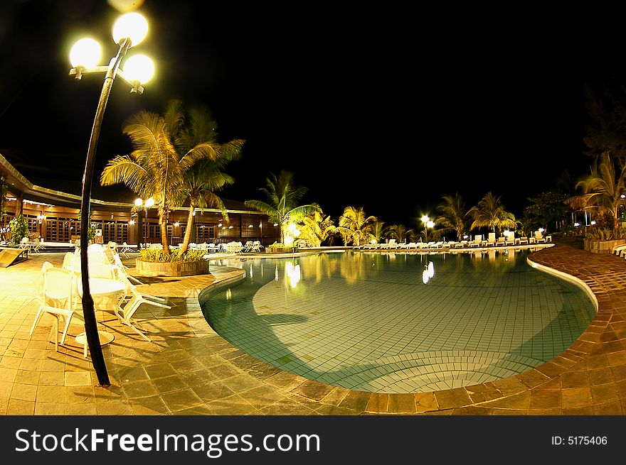 Night shoot of swimming pool at layang layang resort,Sabah Malaysia