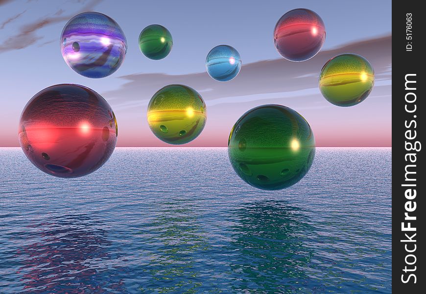 Multicolor rising balls from sea surface - 3d illustration.