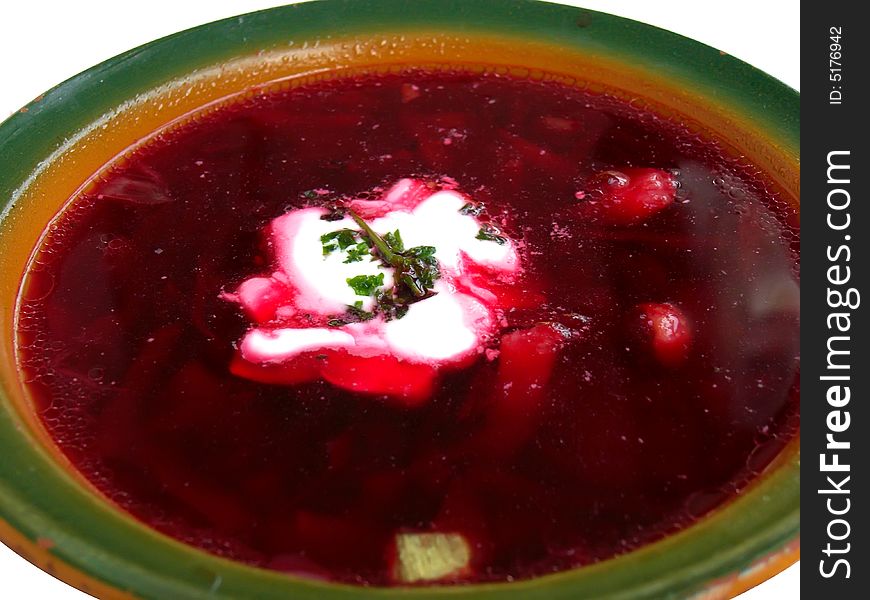 Bowl of beet root soup, known as borshch. Bowl of beet root soup, known as borshch.