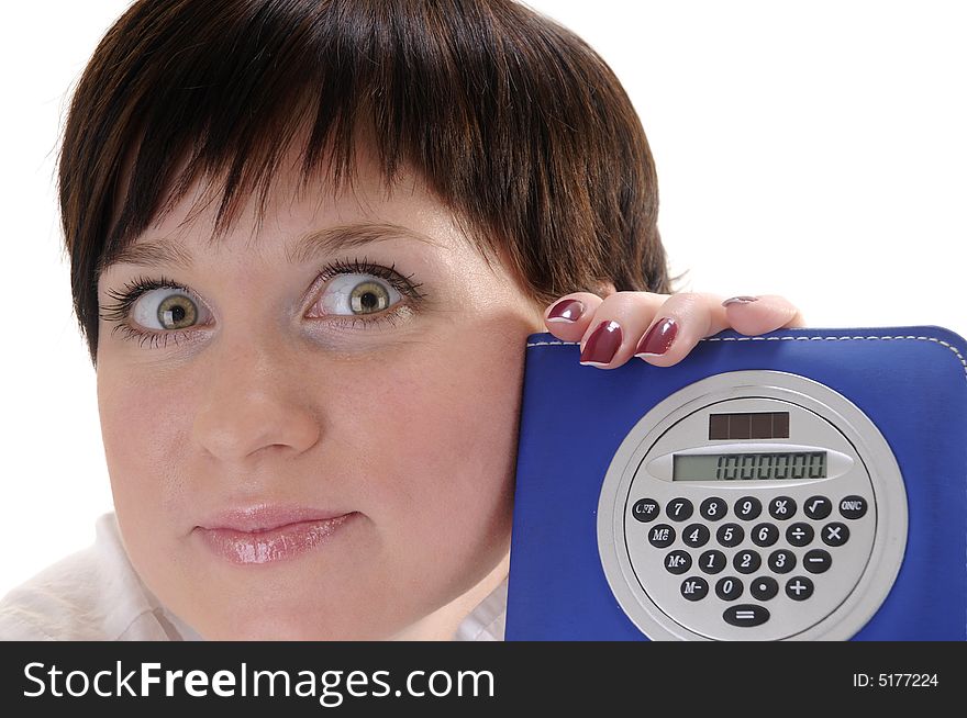 Woman holds calculator with million number on it. Woman holds calculator with million number on it