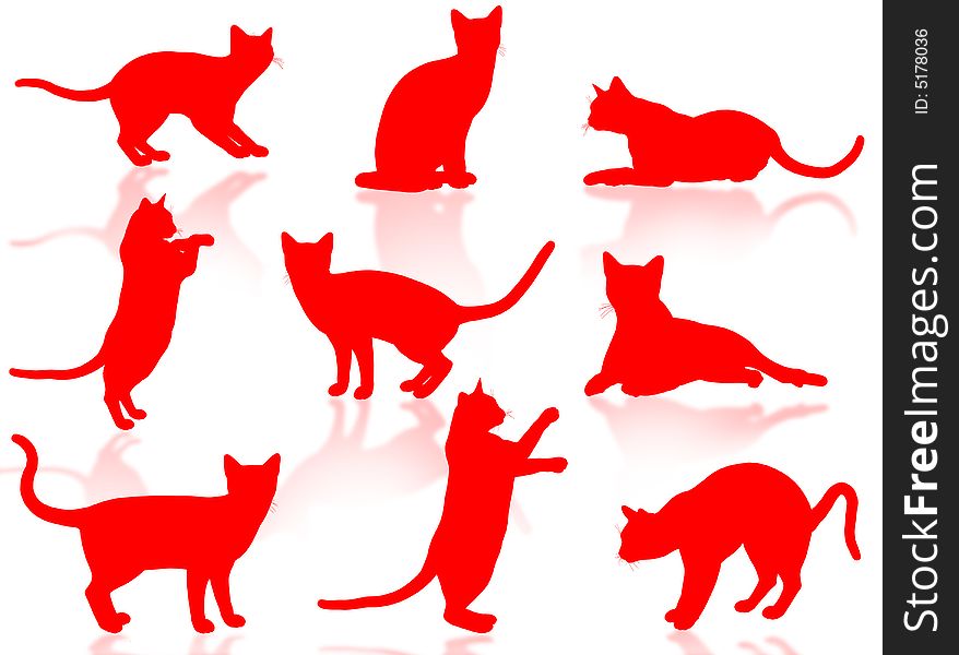 Illustration about funny cats silhouette in typical poses