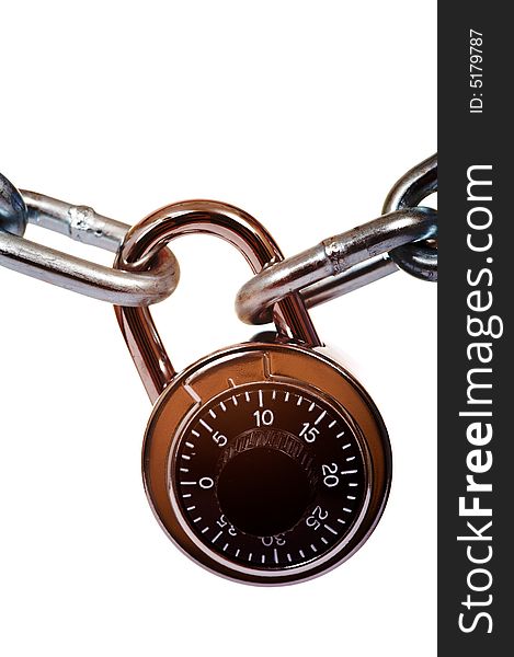 A combination lock and a silver chain on a white background with copy space, security concept. A combination lock and a silver chain on a white background with copy space, security concept