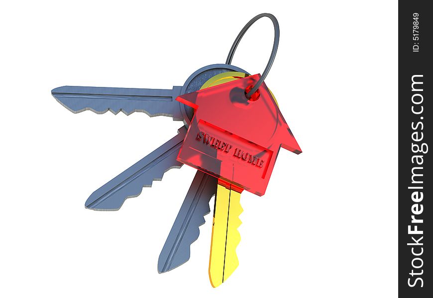 Bunch of keys with one gold key and a red transparent charm in the form of the house with an inscription Sweet house