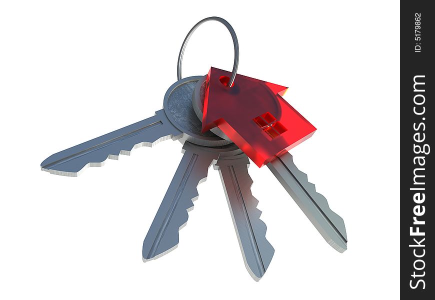 Bunch of keys with a red transparent charm in the form of the house