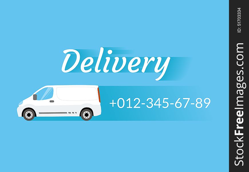 Blue banner with delivery van and telephone number