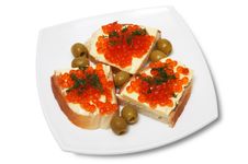 Sandwiches With Red Caviar Stock Photos