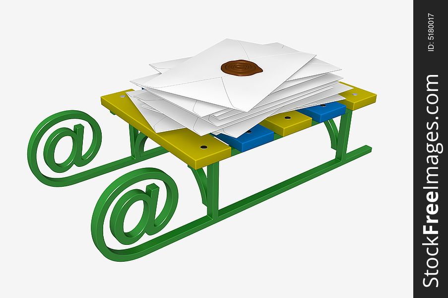 Three-dimensional model of sledge with a pack of letters. Sledge and a seal have the form of a symbol of e-mail. Three-dimensional model of sledge with a pack of letters. Sledge and a seal have the form of a symbol of e-mail.