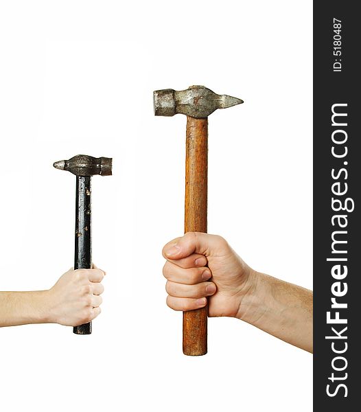Big and small hammers isolated over white background