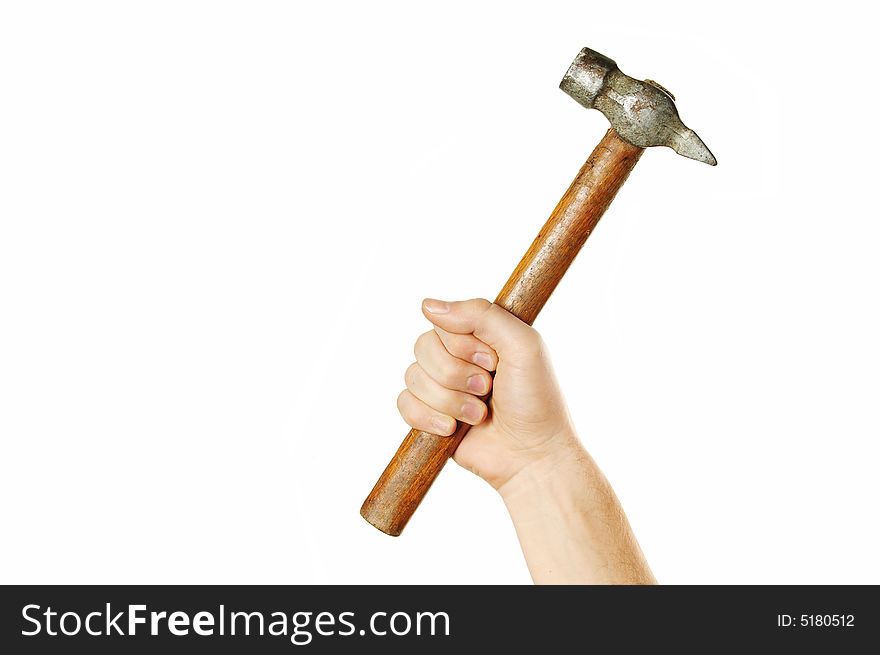 Hand holding hammer isolated over white background
