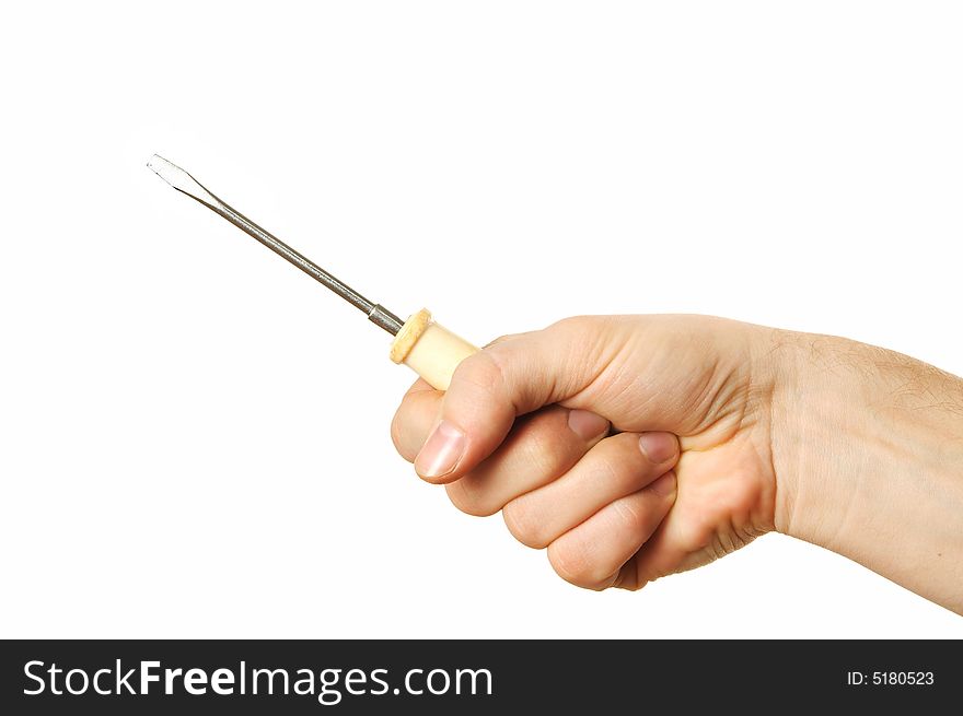 Hand holding screwdriver isolated over white background