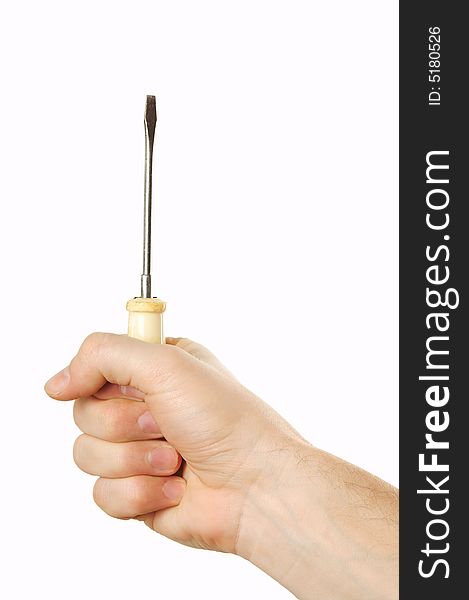 Hand holding screwdriver isolated over white background