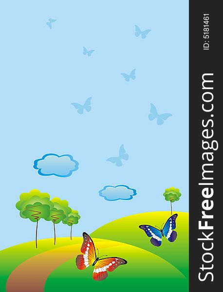 Illustration of fields and butterflies. Illustration of fields and butterflies