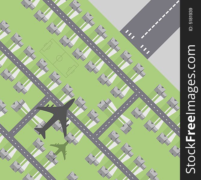 Concept illustration of a built up area in the path of a airport runway. Concept illustration of a built up area in the path of a airport runway.