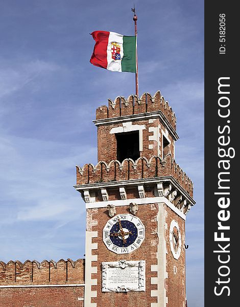 Venice, Italy - Typical Old Building Tower With Italian Flag. Venice, Italy - Typical Old Building Tower With Italian Flag