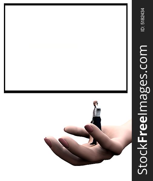 Concept image of a businessmen on a giant hand, this is representing help and support concepts for business. It has a blank frame customisable area. Concept image of a businessmen on a giant hand, this is representing help and support concepts for business. It has a blank frame customisable area.