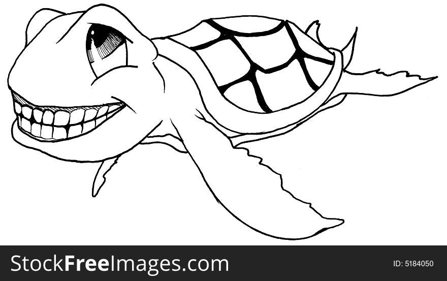 Smiling cartoon sea-turtle swims along underwater. Smiling cartoon sea-turtle swims along underwater.