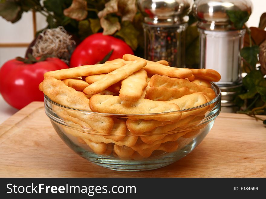 Bowl of club crackers in restaurant or kitchen. Bowl of club crackers in restaurant or kitchen.