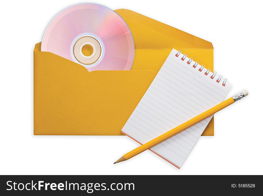 Envelope with CD spiral notepad and pencil isolated on a white background