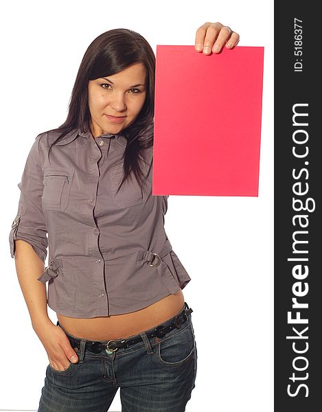 Attractive woman holding banner on white background. Attractive woman holding banner on white background