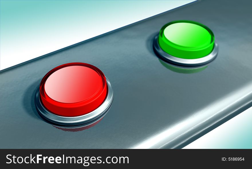 Red and green buttons on a metal plate. Digital illustration. Red and green buttons on a metal plate. Digital illustration.