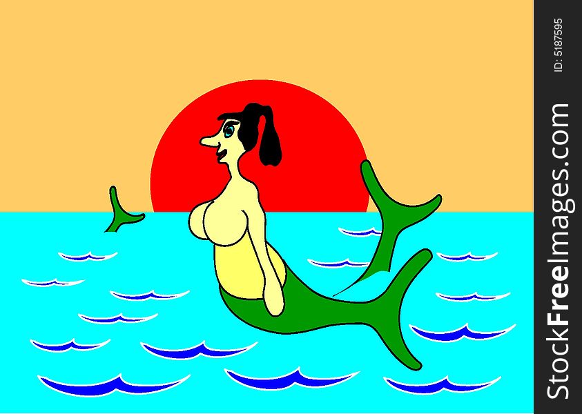 Mermaid, sundown, bath at sea.