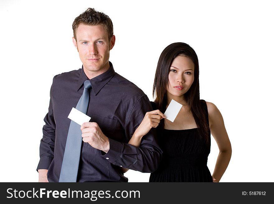 Businessman in formal suit and woman in dress showing business card. Businessman in formal suit and woman in dress showing business card