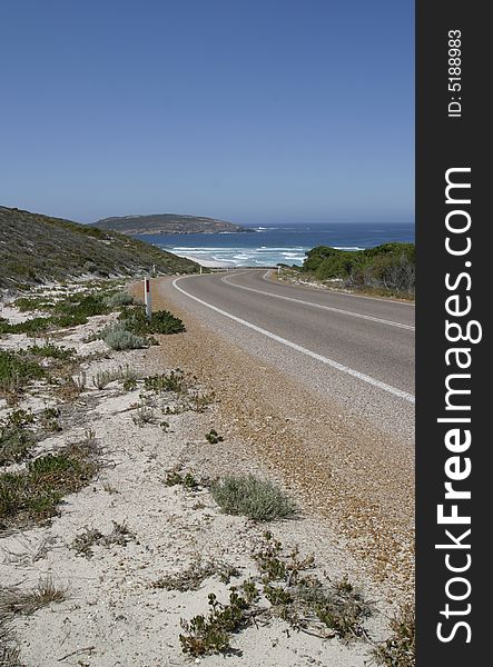 A view of the ocean road leading to a beach near Esperance, Western Australia