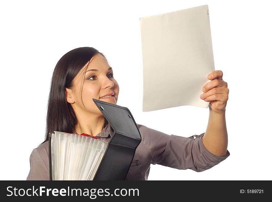 Attractive woman with papers on white background. Attractive woman with papers on white background