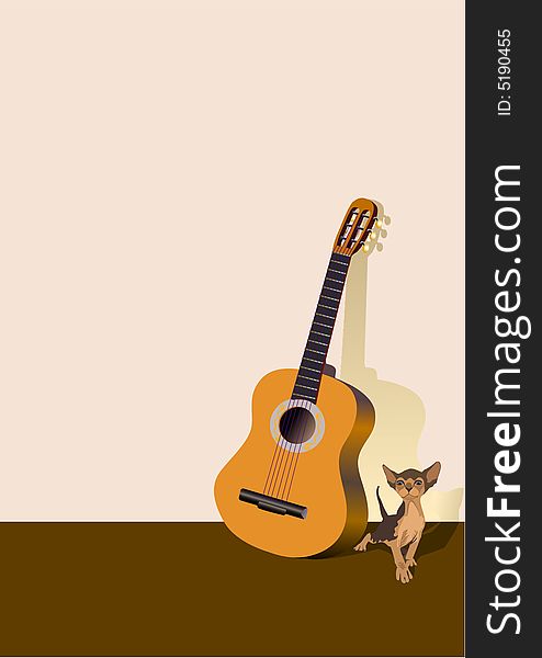 Card with a small cat and a guitar. Card with a small cat and a guitar