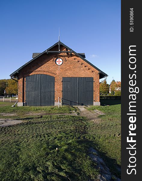 Boat house in the blue sky of travemuende, germany