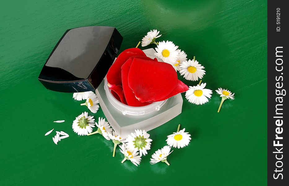 Opened creme box with rose and daisy petals over green. Opened creme box with rose and daisy petals over green