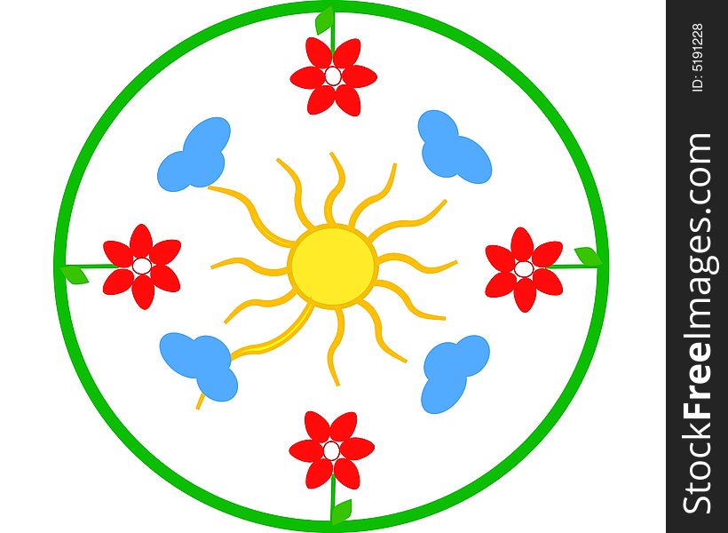 Summertime clock with flowers and sun and clouds