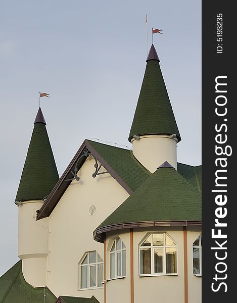 View on the top of house constructed in the style of Middle-Ages castle