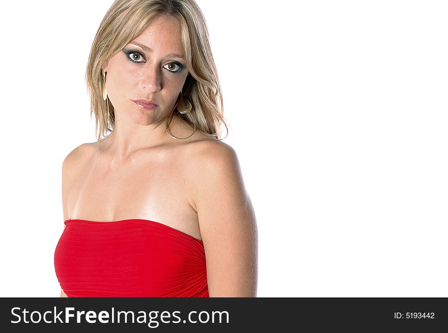 Attractive blond model with red gown on white background