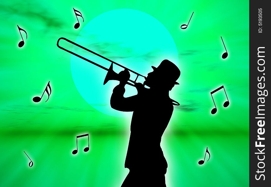 A trumpet player in the sunset against the sun