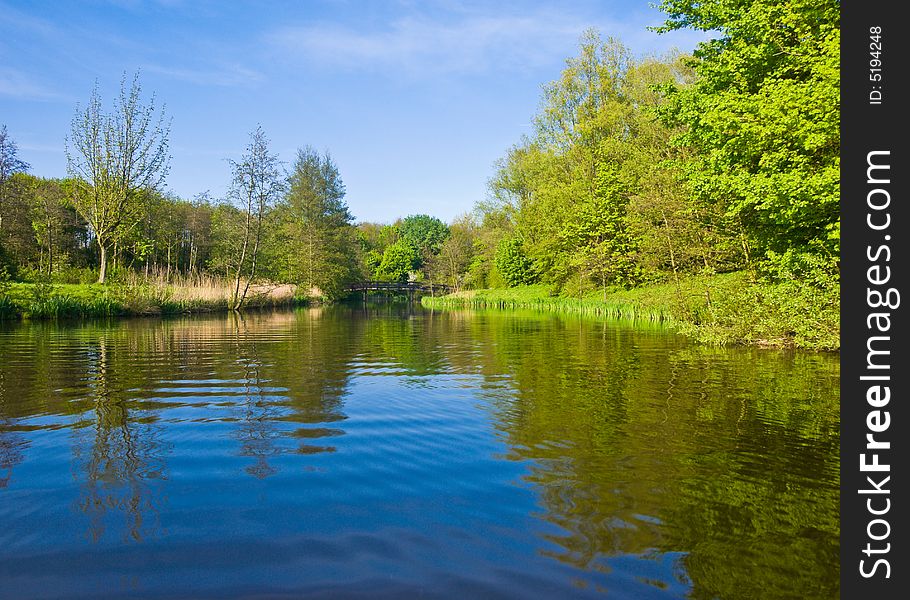 Beautiful river, view from the water. Forest along the bank.