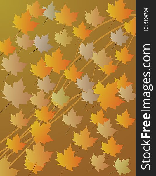 Abstract background with multi-autumnal colored maple leaves with flowing lines behind representing the winds of fall. Abstract background with multi-autumnal colored maple leaves with flowing lines behind representing the winds of fall