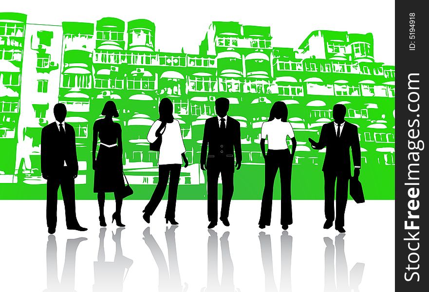 Illustration of business people and buildings