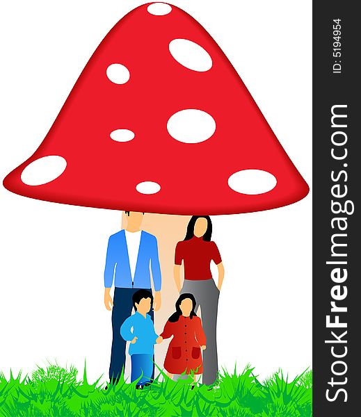 Family under mushroom on grass. Family under mushroom on grass