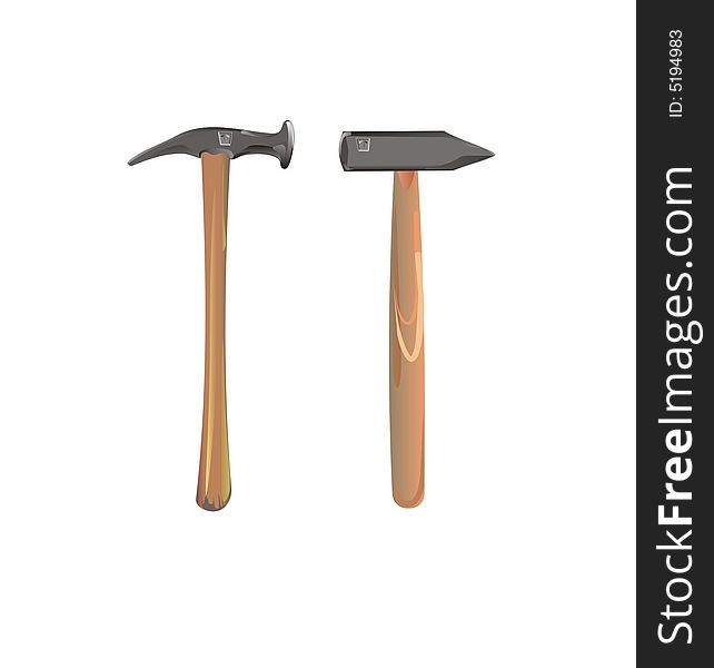 Two hammers with wooden handles and fictitious trade-mark on the white background at vector