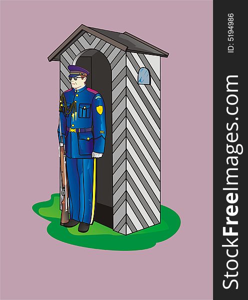 Soldier at the full dress near the sentry-box to be guard to stand rooted to the ground. Soldier at the full dress near the sentry-box to be guard to stand rooted to the ground