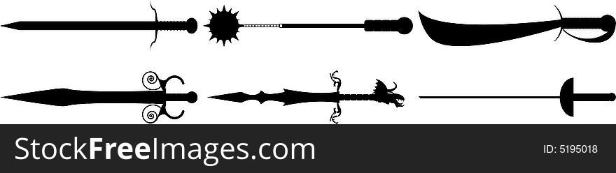 Set of 6 medieval-style weapons. Set of 6 medieval-style weapons