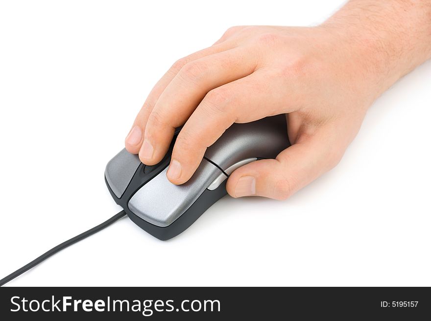 Hand and computer mouse, isolated on white background