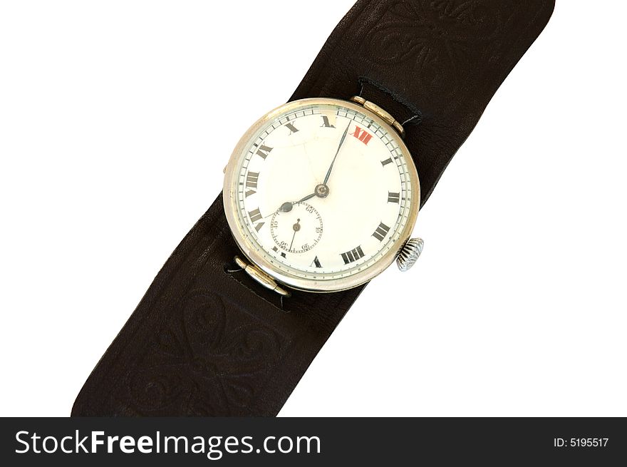 Old  wrist watch with leather wristlet on overwhite background. Old  wrist watch with leather wristlet on overwhite background.