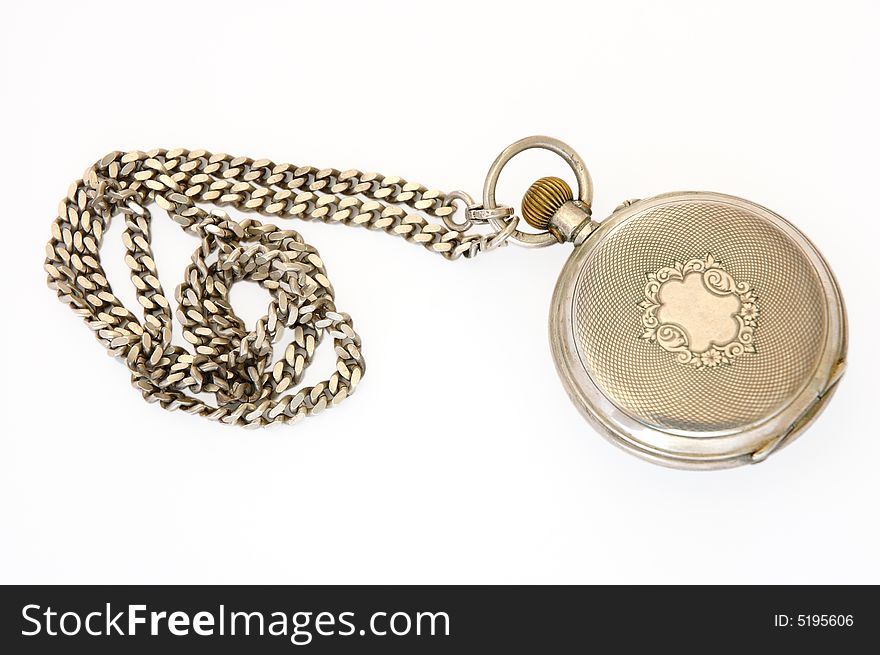 Old silver pocket watch (reverse or other side) with fob on overwhite background. Old silver pocket watch (reverse or other side) with fob on overwhite background.