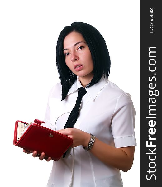 A portrait about a young attractive businesswoman with black hair who is holding a red calendar, she is thinking about her schedule and she is wearing a white shirt and a black tie. A portrait about a young attractive businesswoman with black hair who is holding a red calendar, she is thinking about her schedule and she is wearing a white shirt and a black tie