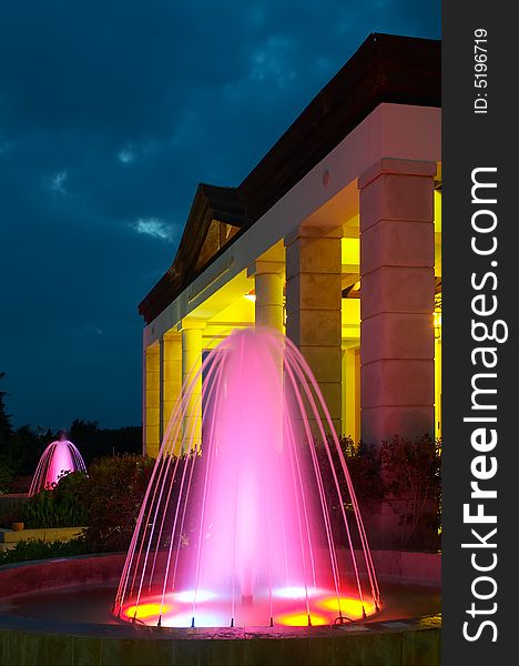 Pompous building ith column and illuminated fountains. Pompous building ith column and illuminated fountains